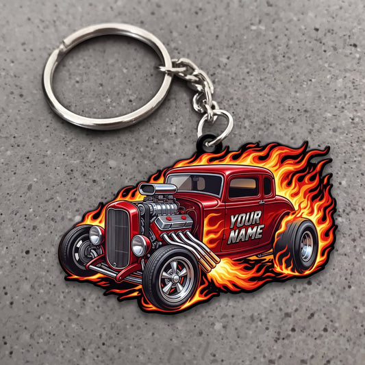 Maxcorners Hot Rod Red Vintage Roadster with Explosive Orange Flames Personalized Name 3D Keychain And Ornament