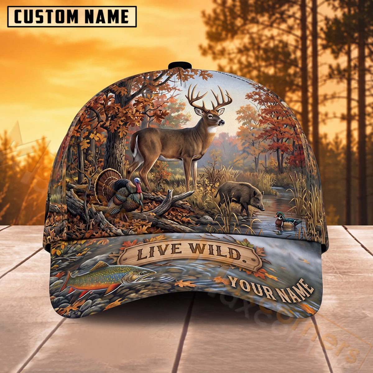 Maxcorners Whitetail Deer Hunting Autumn Forest Live Wild Personalized Name 3D Cap