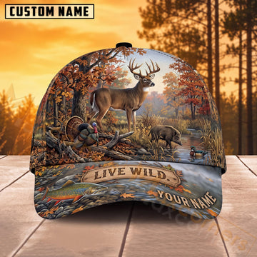 Maxcorners Whitetail Deer Hunting Autumn Forest Live Wild Personalized Name 3D Cap