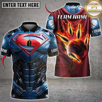 Maxcorners Bowling Blue Red Metallic Armor Flaming Bowling Ball Personalized Name 3D Unisex Shirt