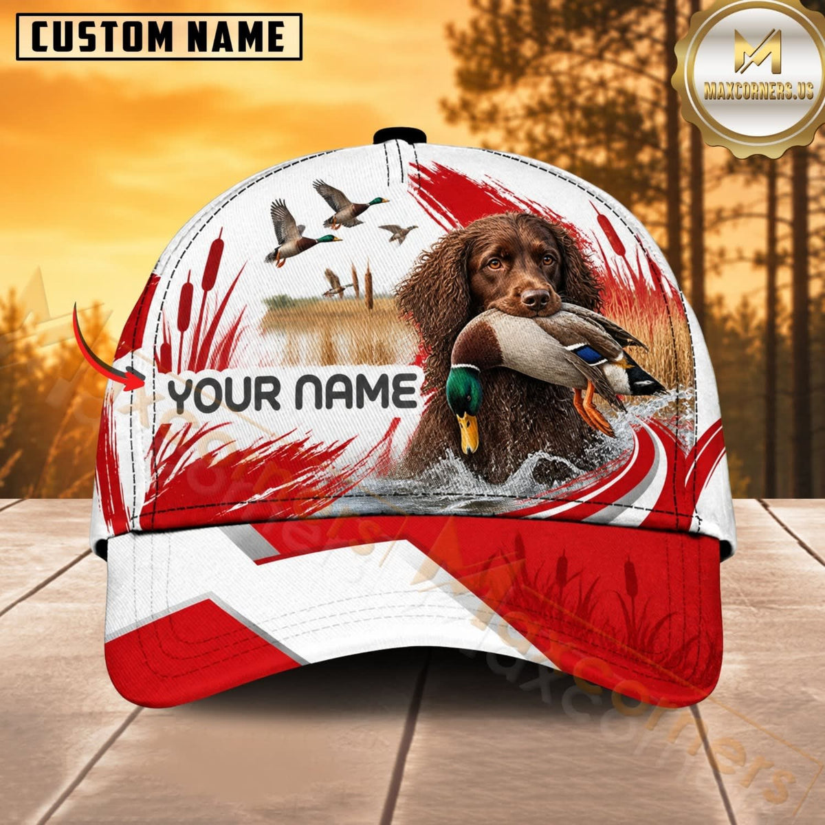 Maxcorners Dog Hunting And Duck Canadian Maple Leaf Red White Marsh Personalized Name 3D Cap