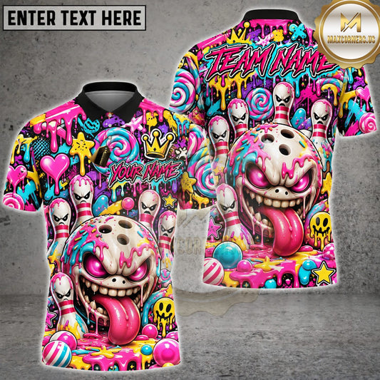 Maxcorners Bowling Crazy Clown Bowling Ball Pink Colorful Graffiti Personalized Name 3D Unisex Shirt