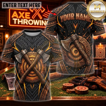Maxcorners Axe Throwing Rustic Bronze Crossed Axes Personalized Name 3D Unisex Shirt