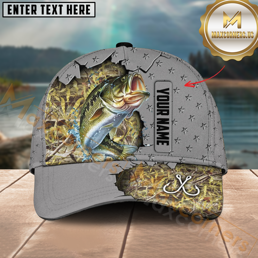 Maxcorners Bass Fishing Gray Star Camo Hook Design Personalized Name 3D Cap