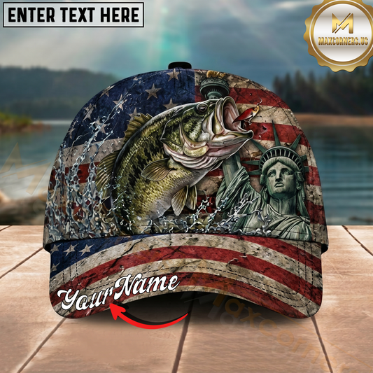 Maxcorners Fishing Vintage USA Flag Statue Of Liberty Personalized 3D Cap (12 Fish Species)