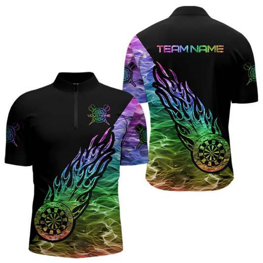 Maxcorners Colorful Rainbow Fire Flame Darts Polo & Quarter Zip Custom Dart Shirt For Men Dart Jerseys LM1605