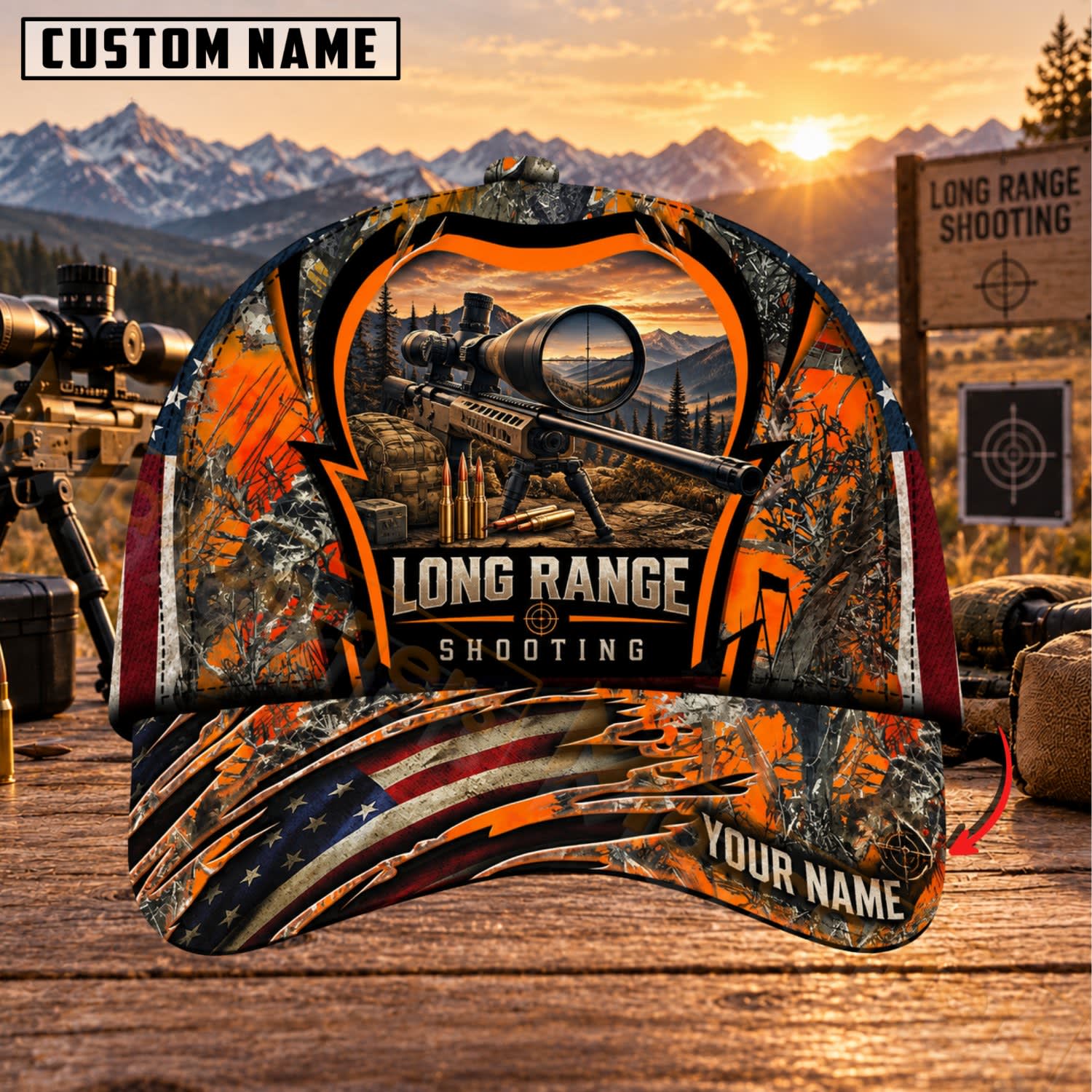 Maxcorners Long Range Shooting Blaze Orange Tactical Sniper Personalized Name 3D Cap