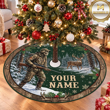 Maxcorners Hunting Hunter Deer Winter Woodland Personalized Name 3D Christmas Tree Skirt