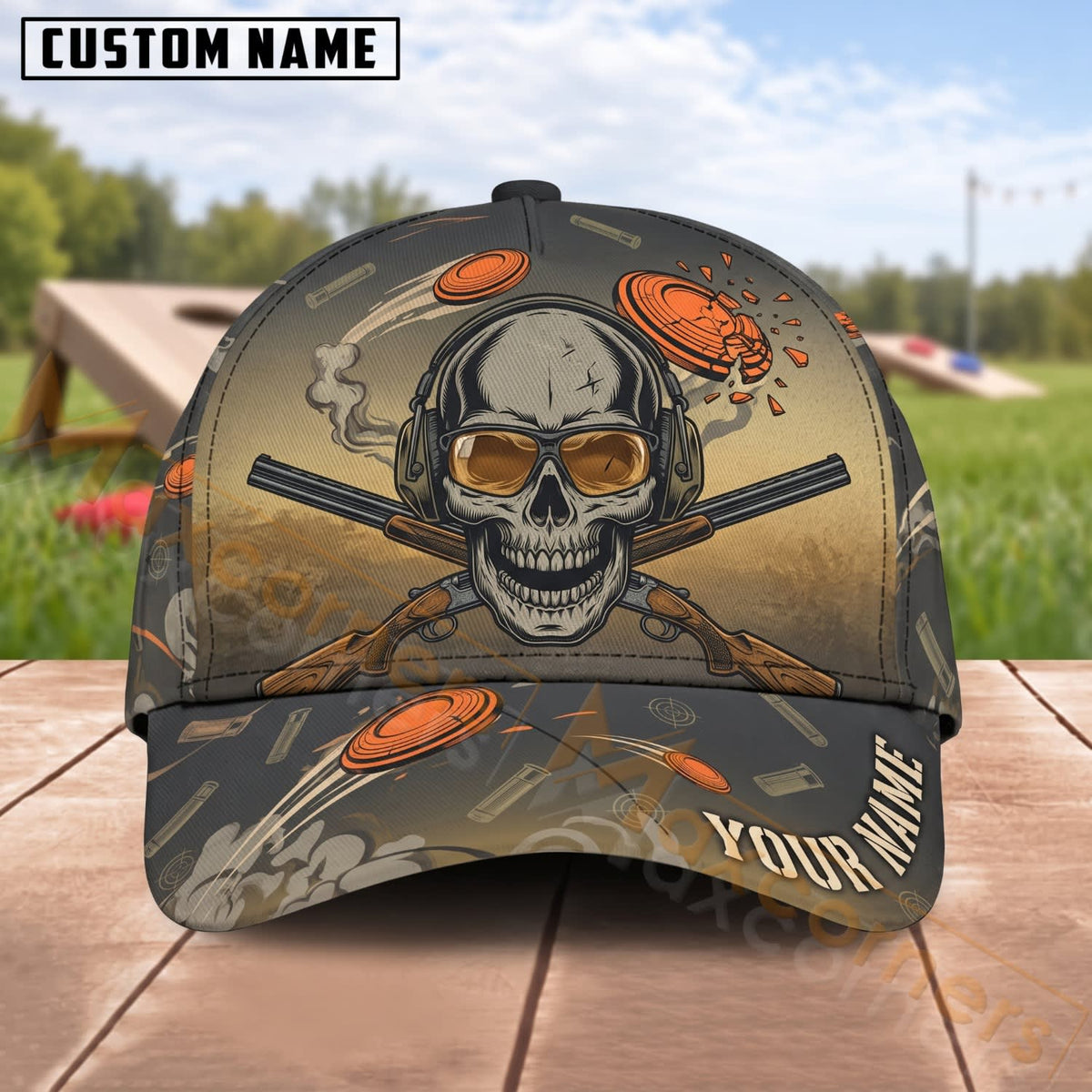 Maxcorners Trap & Skeet Shooting Olive Skull Flying Clays Personalized Name 3D Cap