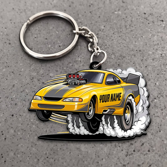 Maxcorners Classic Muscle Car Yellow Vintage Racing Coupe with White Tire Smoke Personalized Name 3D Keychain And Ornament
