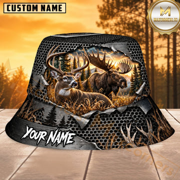 Maxcorners Deer Hunting Golden Woodland Antler Personalized Name 3D Bucket Hat