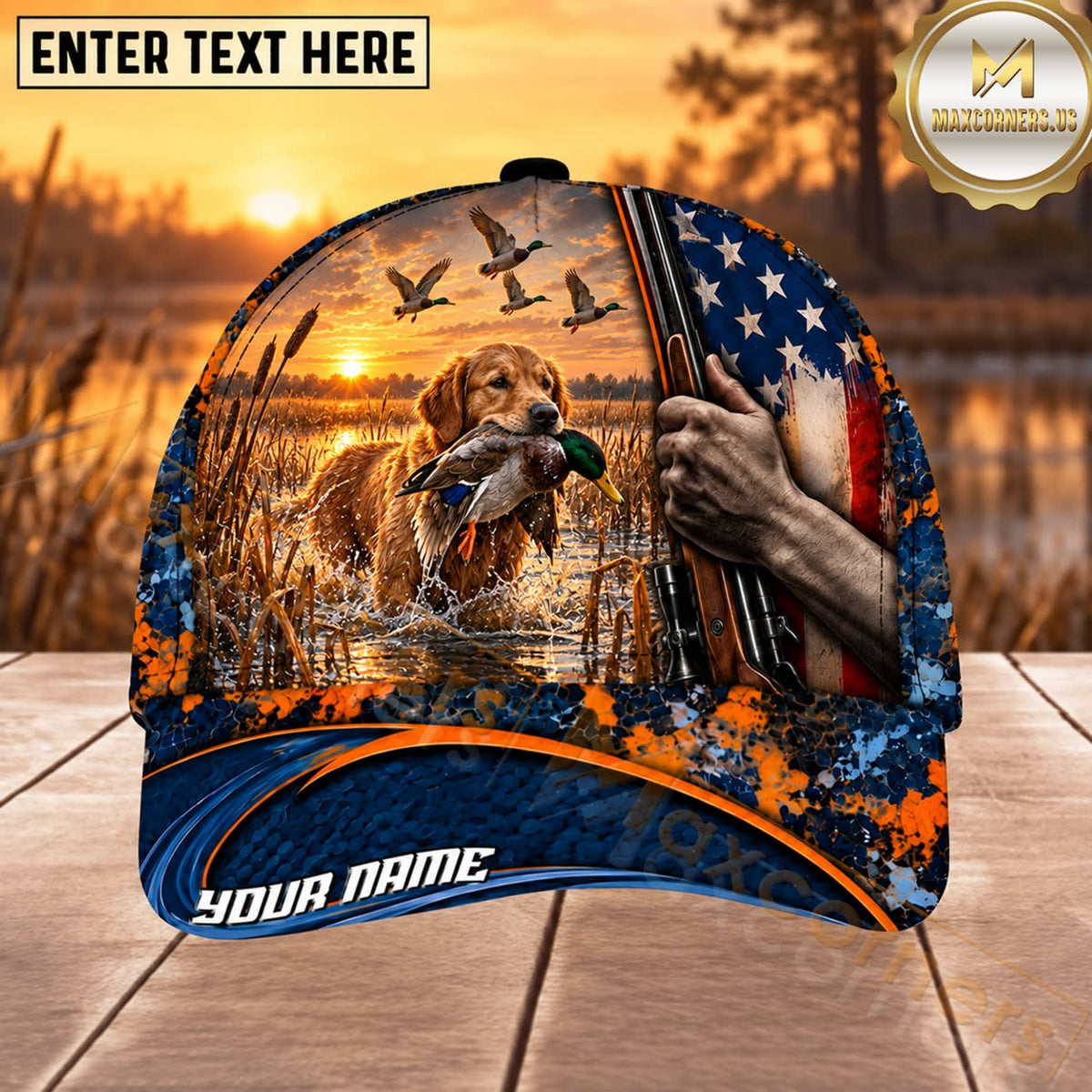 Maxcorners Dog Hunting And Duck American Flag Marsh Sunset Hunting Scene Multiple Options Personalized Name 3D Cap