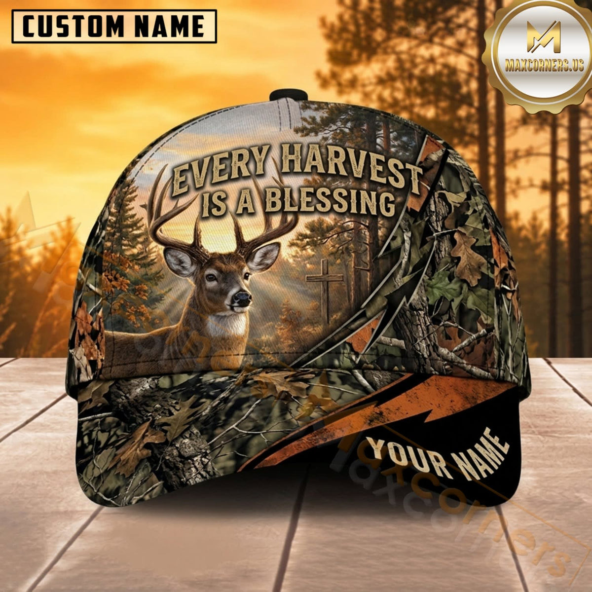 Maxcorners Deer Hunting Whitetail Buck Every Harvest Is a Blessing Bold Typography Camo Customized Name 3D Cap