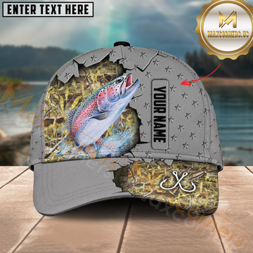 Maxcorners Rainbow Trout Fishing Gray Star Camo Hook Design Personalized Name 3D Cap