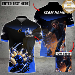 Maxcorners Bowling Blue Strike Pins & Ball Splash Multicolor Customized Name, Team Name And Photo 3D Shirt