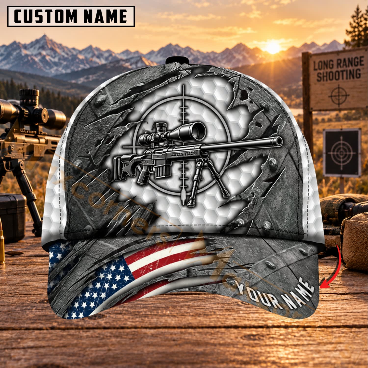 Maxcorners Long Range Shooting Skull Sniper Rifle American Flag Personalized Name 3D Cap
