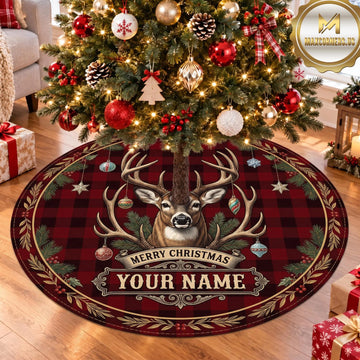 Maxcorners Hunting Buck Antler Red Plaid Personalized Name 3D Christmas Tree Skirt