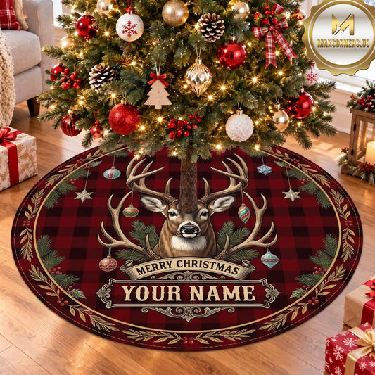 Maxcorners Hunting Buck Antler Red Plaid Personalized Name 3D Christmas Tree Skirt