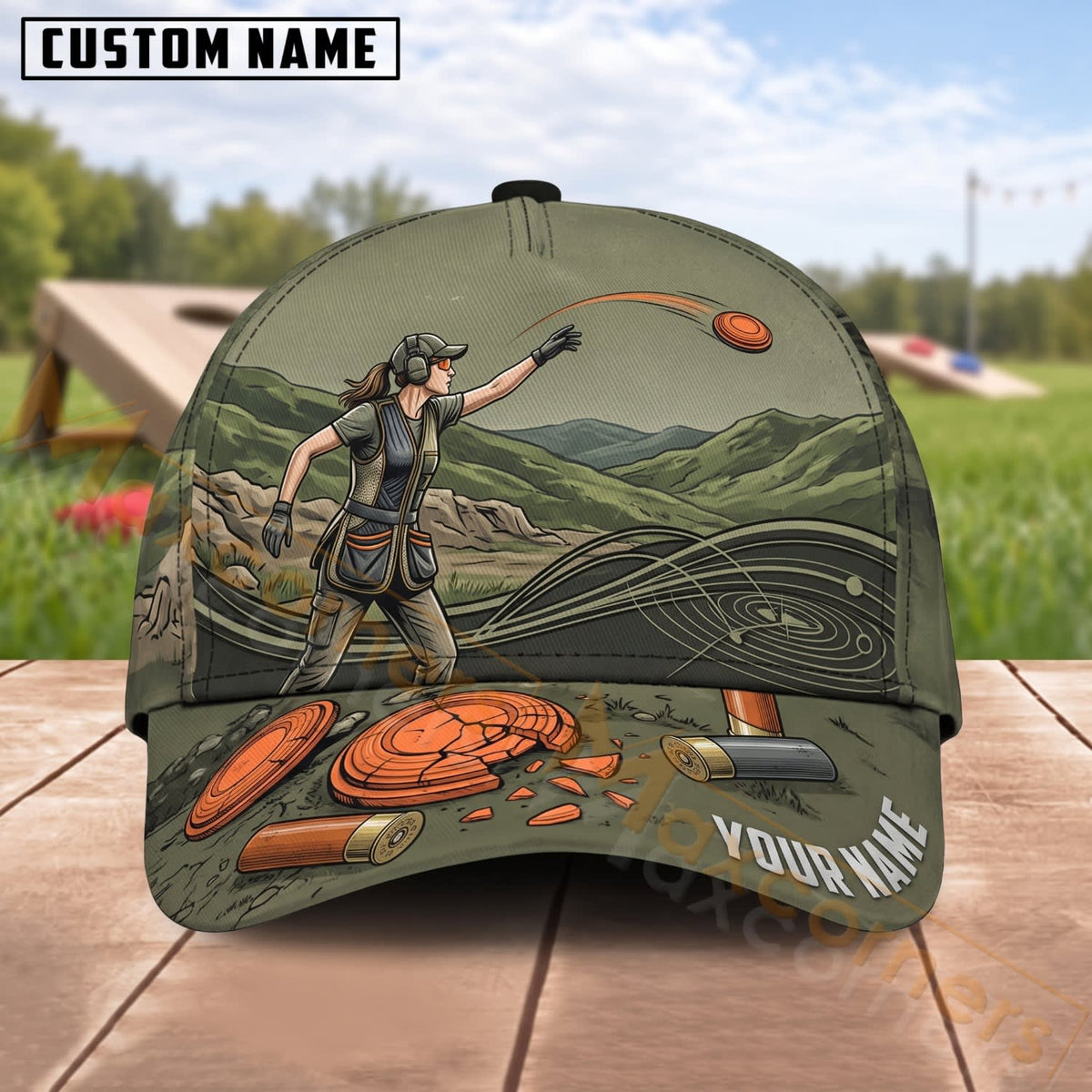 Maxcorners Trap & Skeet Shooting Green Landscape Shooter Personalized Name 3D Cap