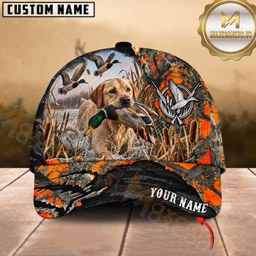 Maxcorners Dog Hunting And Duck Orange Gray Camo Skull Marsh Hunting Scene Multiple Options Personalized Name 3D Cap