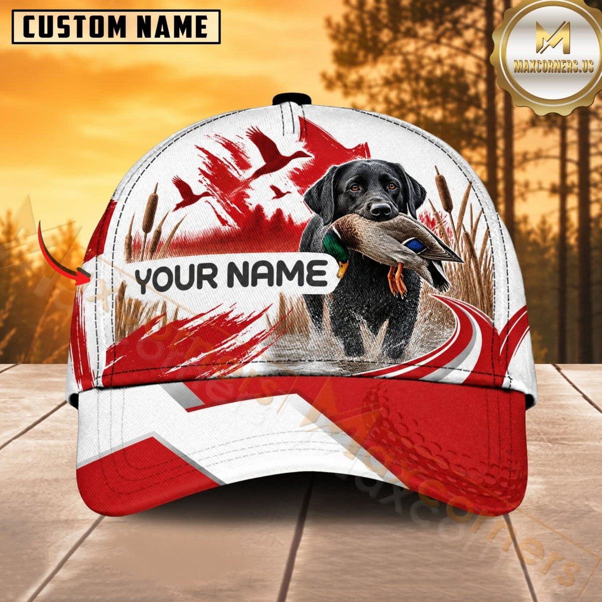 Maxcorners Dog Hunting And Duck Canadian Maple Leaf Red White Marsh Personalized Name 3D Cap
