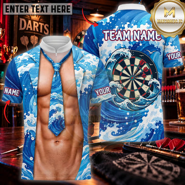 Maxcorners Darts Funny Muscular Body Blue Necktie Ocean Wave Dartboard Personalized Name 3D Unisex Shirt