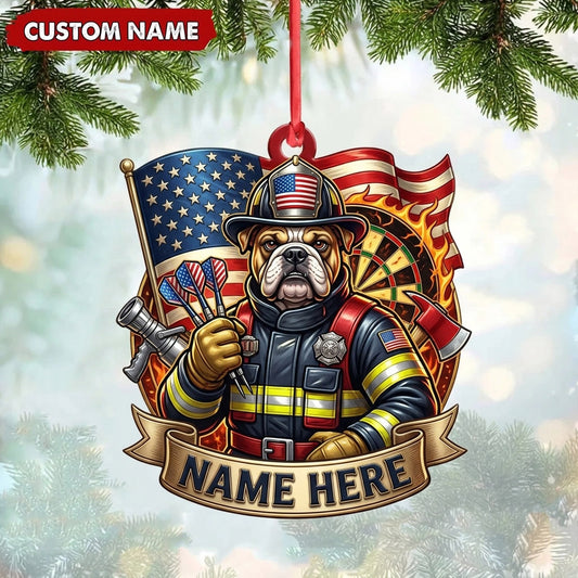 Maxcorners Darts Lover Patriotic English Bulldog Mascot, Firefighter Helmet, American Flag Banner Personalized Name Ornament 2D Flat