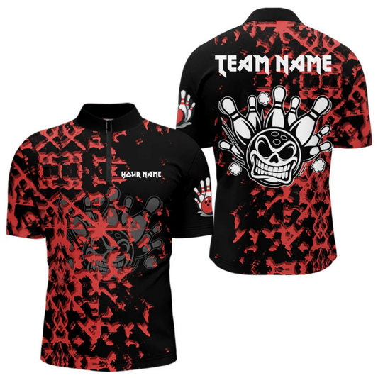 Maxcorners Black and Red Camo Funny Skull Bowling Polo, Quarter Zip Shirt for Men Custom Bowling Team Jersey LM2404