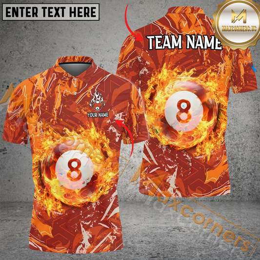 Maxcorners Ball 8 Flame Billiard Jersey Multicolor Options Personalized Name, Team Name 3D Polo Shirt (4 Colors)