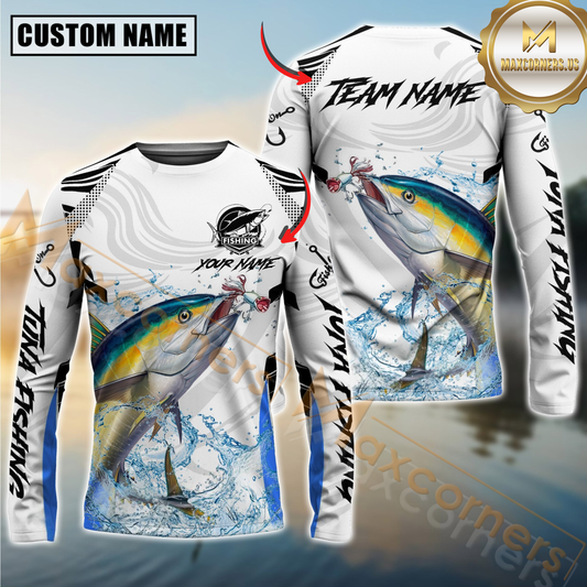 Maxcorners Tuna Fishing White Black Curve Pattern Design Custom Name & Team Name 3D Shirts