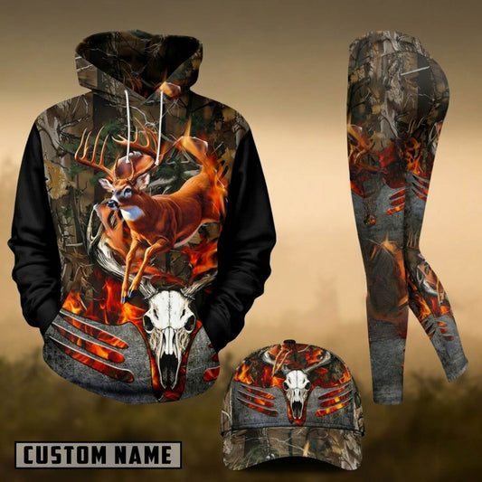 Maxcorners Hunting Flaming Whitetail Deer Skull Forest Camo 3D Shirts