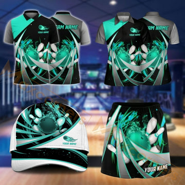 Maxcorners Bowling Mint Green Geometric Bowling Ball Design Personalized Team Sportswear Set - Polo Shirt, Cap & Skorts