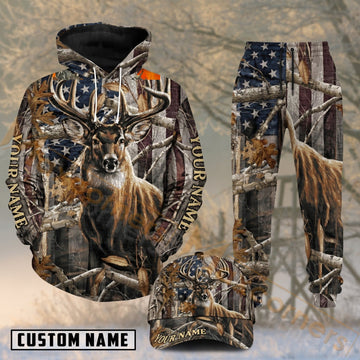 Maxcorners Hunting Elk American Flag Forest Camo Personalized 3D Combo Hoodie, Sweatpants Set & Cap