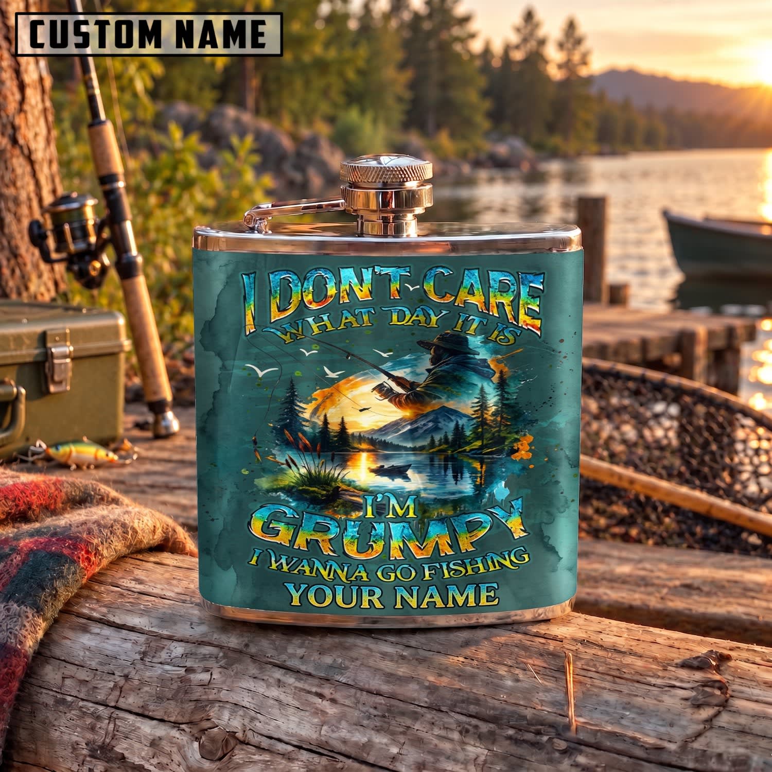 Maxcorners Fishing Don’t Care I’m Going Fishing Lake Quote Personalized Name 3D Hip Flask