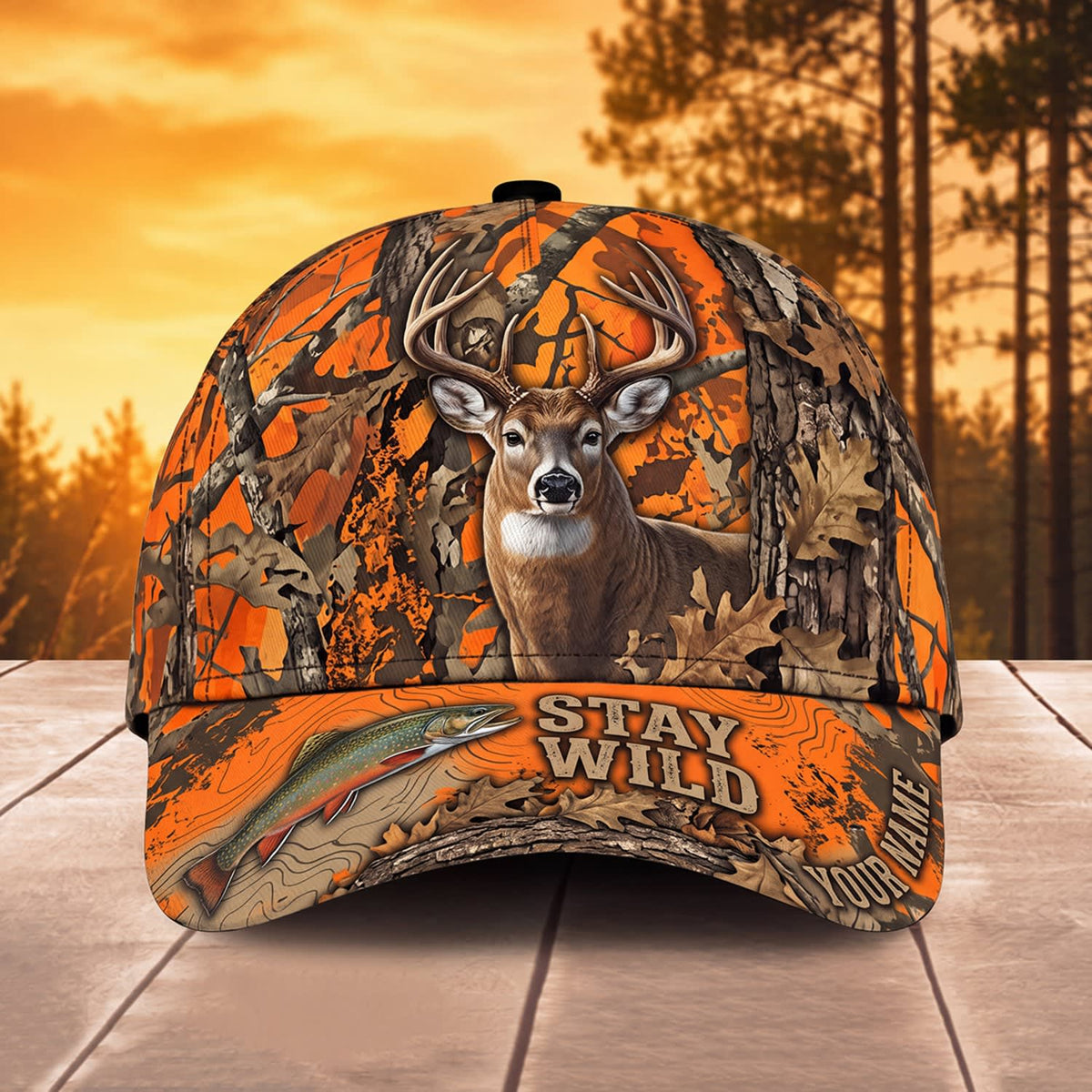 Maxcorners Whitetail Deer Hunting Orange Camo Stay Wild Personalized Name 3D Cap
