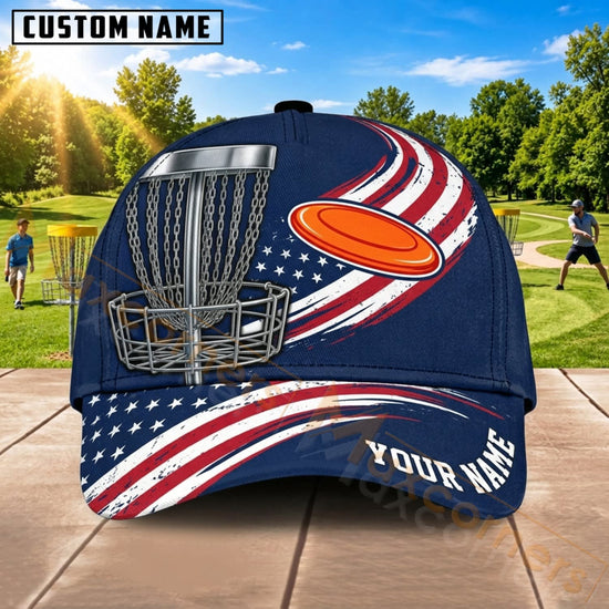 Maxcorners Disc Golf American Flag Orange Flying Disc Personalized Name 3D Cap