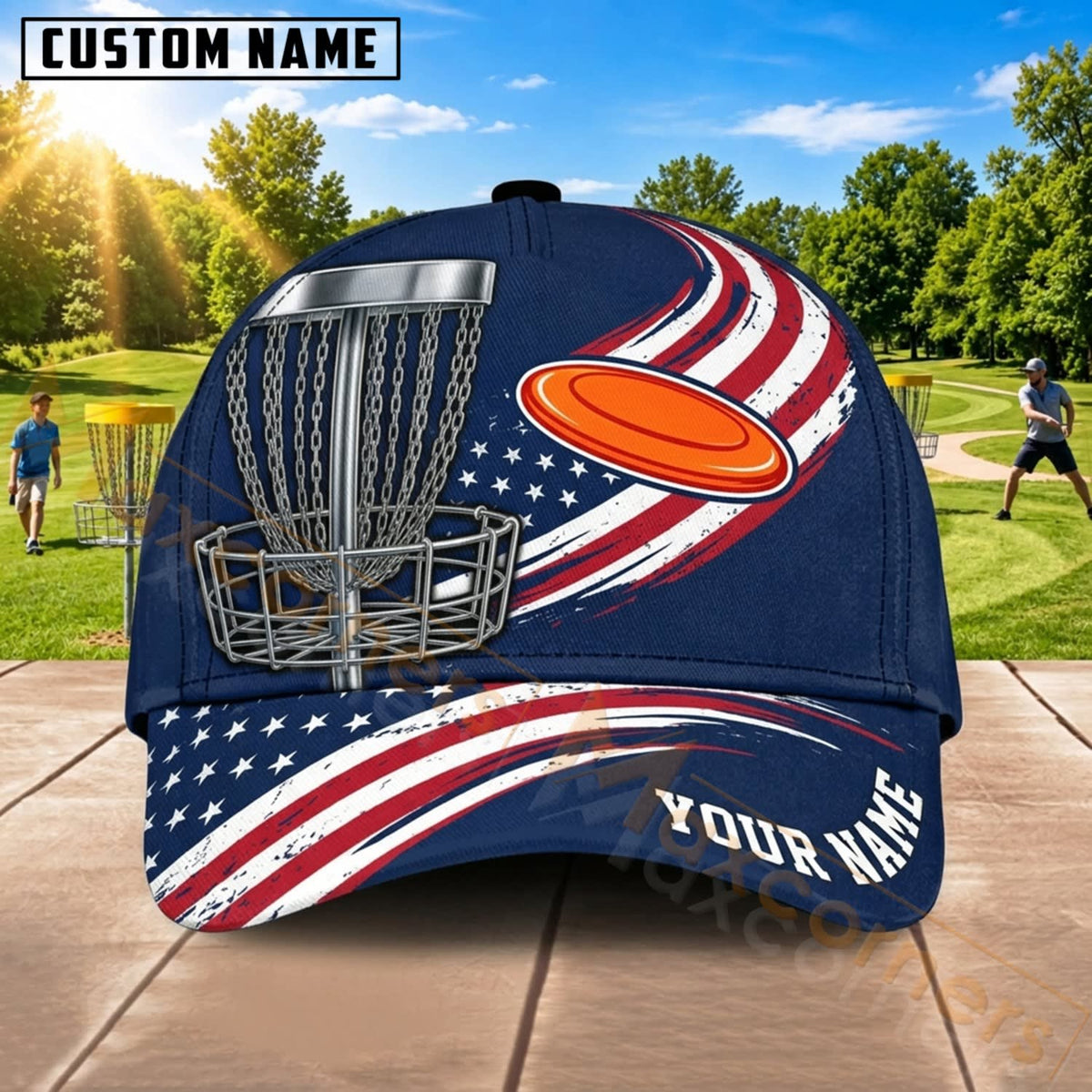 Maxcorners Disc Golf American Flag Orange Flying Disc Personalized Name 3D Cap