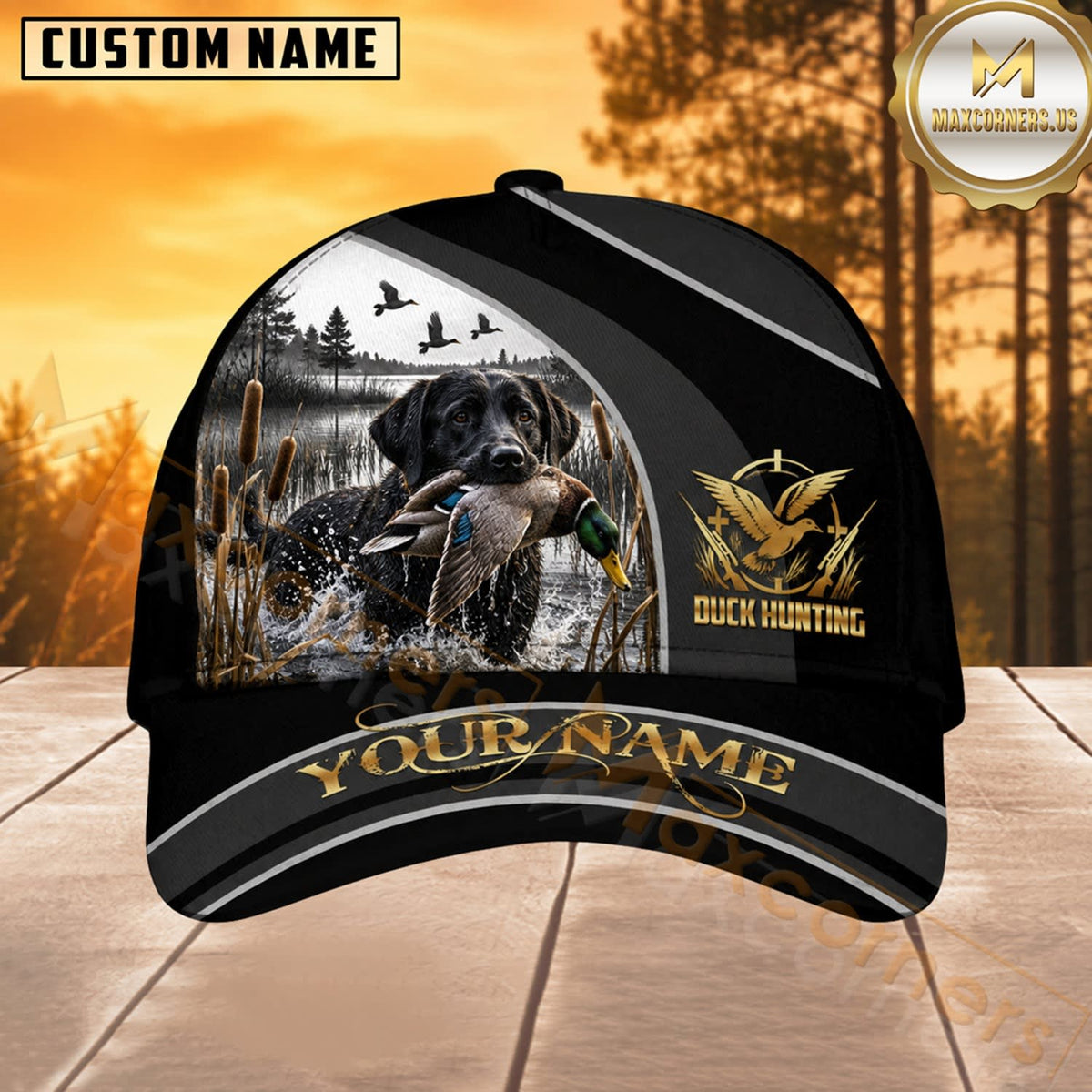 Maxcorners Dog Hunting And Duck Golden Sunset Wetland Scene Multiple Options Personalized Name 3D Cap