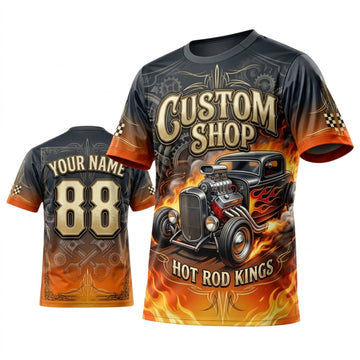 Maxcorners Personalized Car Classic Muscle Car 3D T-Shirt – Custom Shop Orange Black Hot Rod Flames