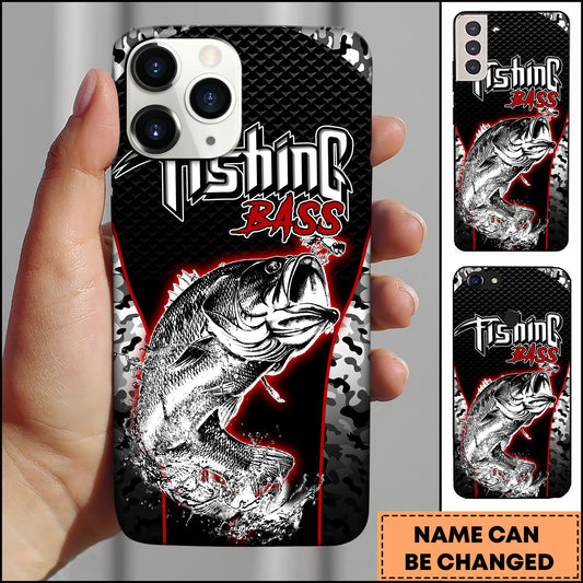 Maxcorners Bass Fishing Black Red Camo Personalized Name 3D Phone Case