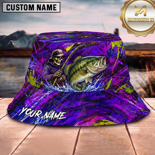Maxcorners Fishing Neon Skull Angler Water Splash Personalized 3D Bucket Hat (13 Fish Species)