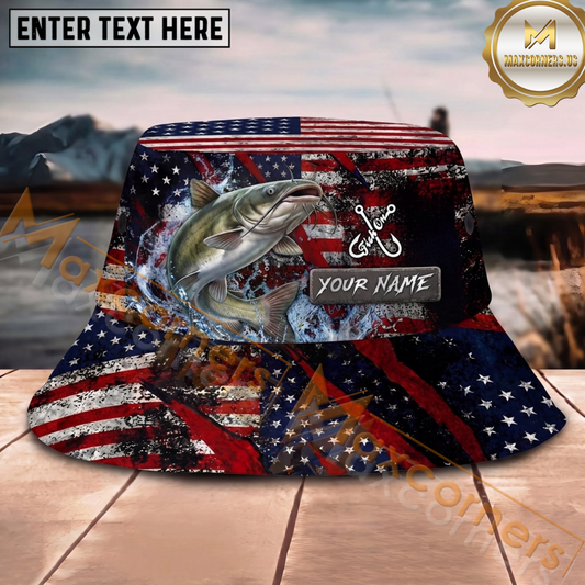 Maxcorners Fishing American Flag Personalized Name 3D Bucket Hat (12 Fish Species)