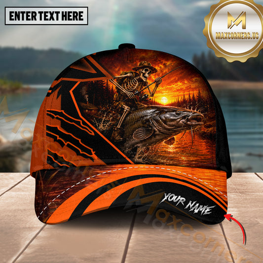 Maxcorners Skeleton Fishing Sunset Multicolor Options Personalized Name 3D Cap(12 Fish Species)