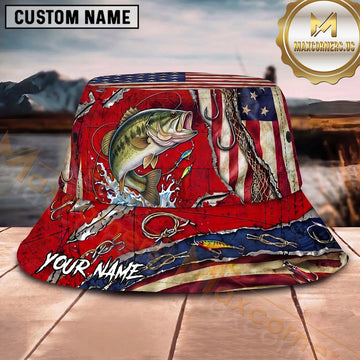 Maxcorners Fishing Green Camo Fishing Adventure with Bold Splash Personalized Name 3D Bucket Hat (13 Fish Species)