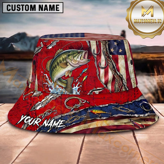 Maxcorners Fishing Green Camo Fishing Adventure with Bold Splash Personalized Name 3D Bucket Hat (13 Fish Species)