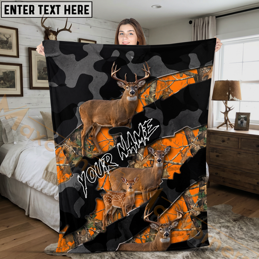 Maxcorners Deer Family Orange Camo Hunting Personalized 3D Blanket