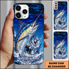 Maxcorners Fishing Blue Geometric Splash Wave Personalized Name Phone Case (12 Fish Species)