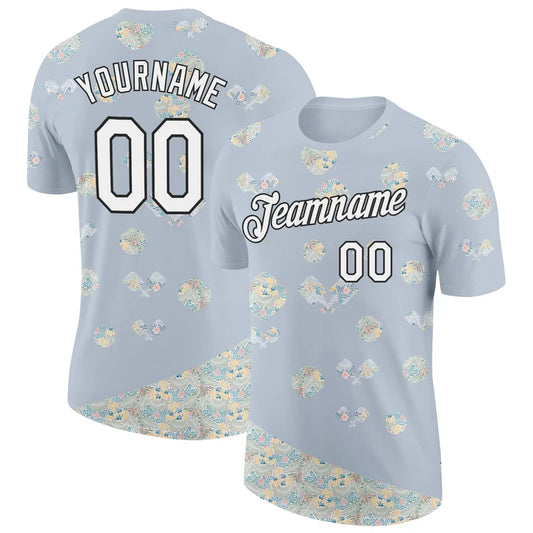 Maxcorners Pickleball Paddle Ball Light Blue Pastel Floral Pattern Personalized Name 3D Unisex Shirt