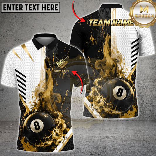 Maxcorners Billiards Flaming 8 Ball Black Gold Geometric Multicolor Options Personalized Name, Team Name 3D Shirt (4 Colors)
