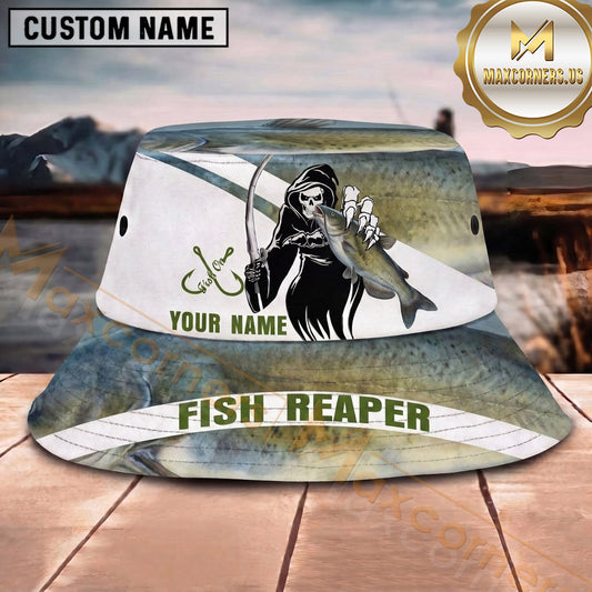 Maxcorners Fishing Fish Reaper White Green Scale Personalized 3D Bucket Hat (13 Fish Species)